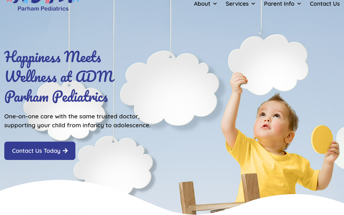 Website homepage of ADM Parham Pediatrics