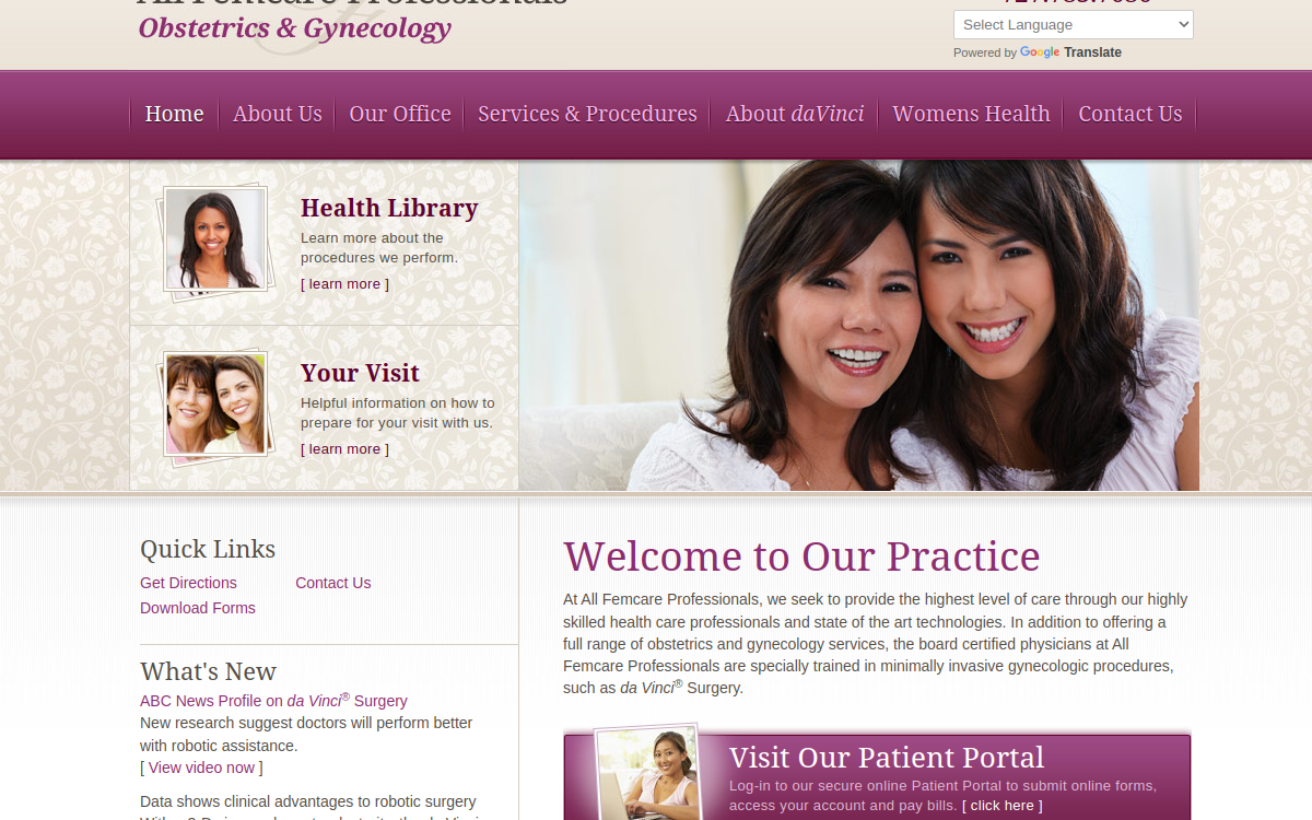Website homepage of All Femcare Professionals Obstetrics & Gynecology