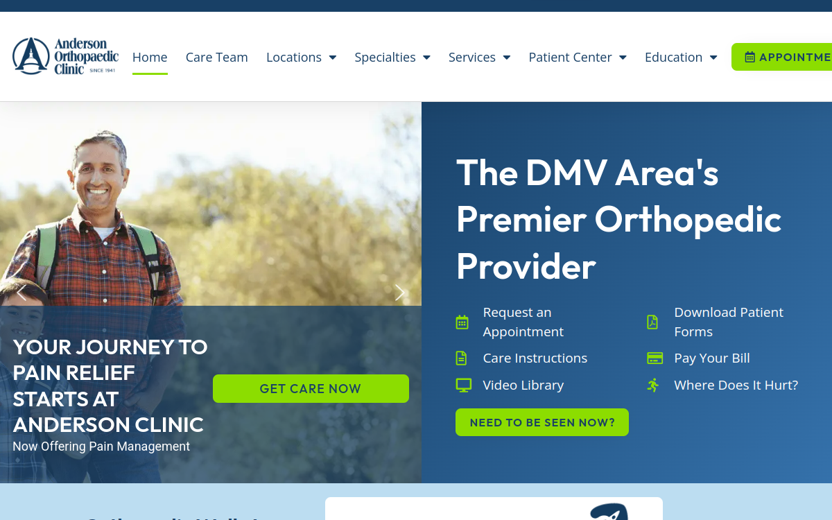 Website homepage of Anderson Orthopaedic Clinic