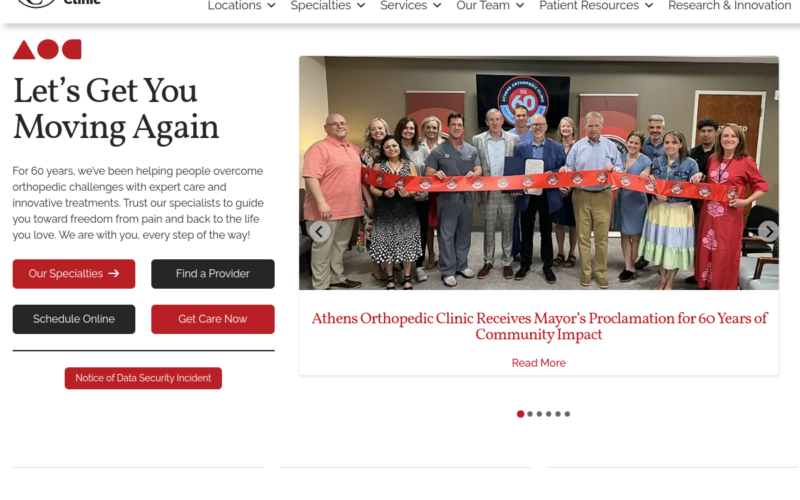 Website homepage of Athens Orthopedic Clinic