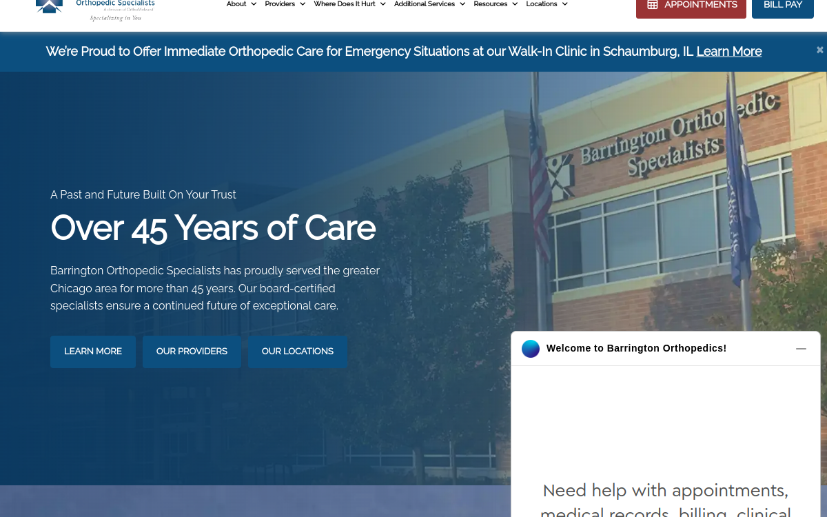 Website homepage of Barrington Orthopedic Specialists