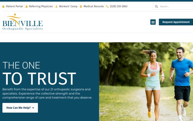 Website homepage of Bienville Orthopaedic Specialists, L.L.C.