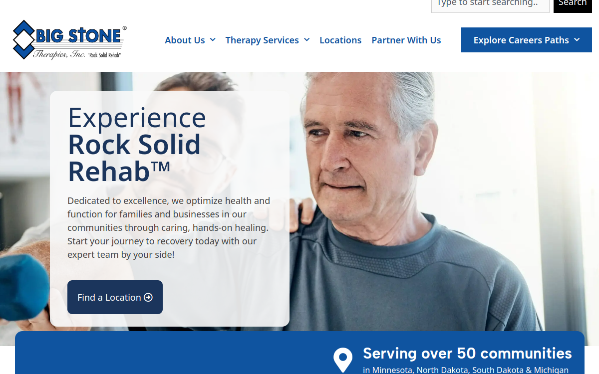 Website homepage of Big Stone Therapies