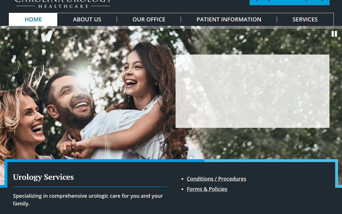 Website homepage of Carolina Urology Healthcare