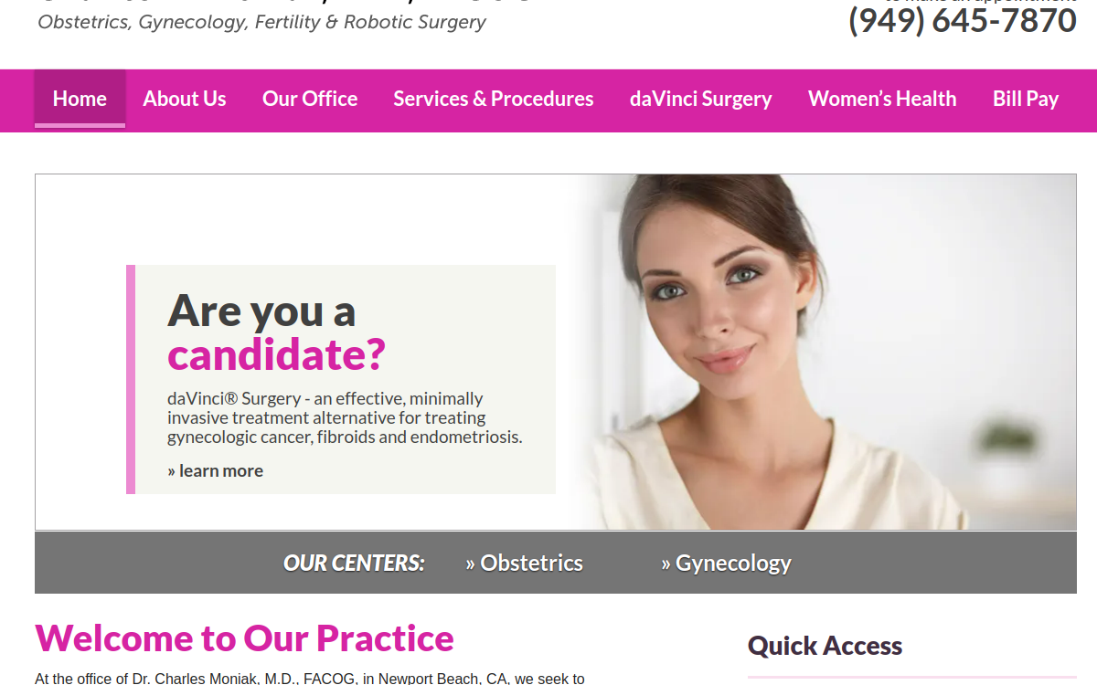 Website homepage of Charles W. Moniak, M.D., FACOG