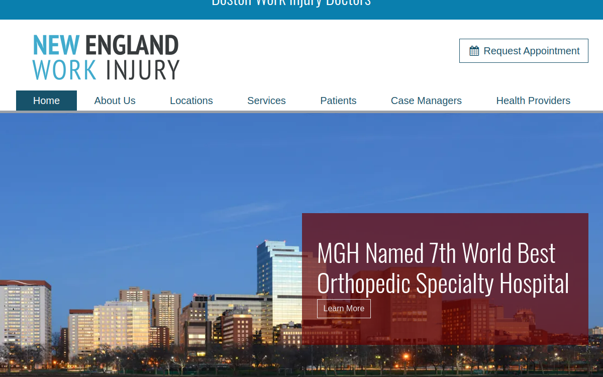 Website homepage of Frank X Pedlow Jr MD PC - New England Work Injury