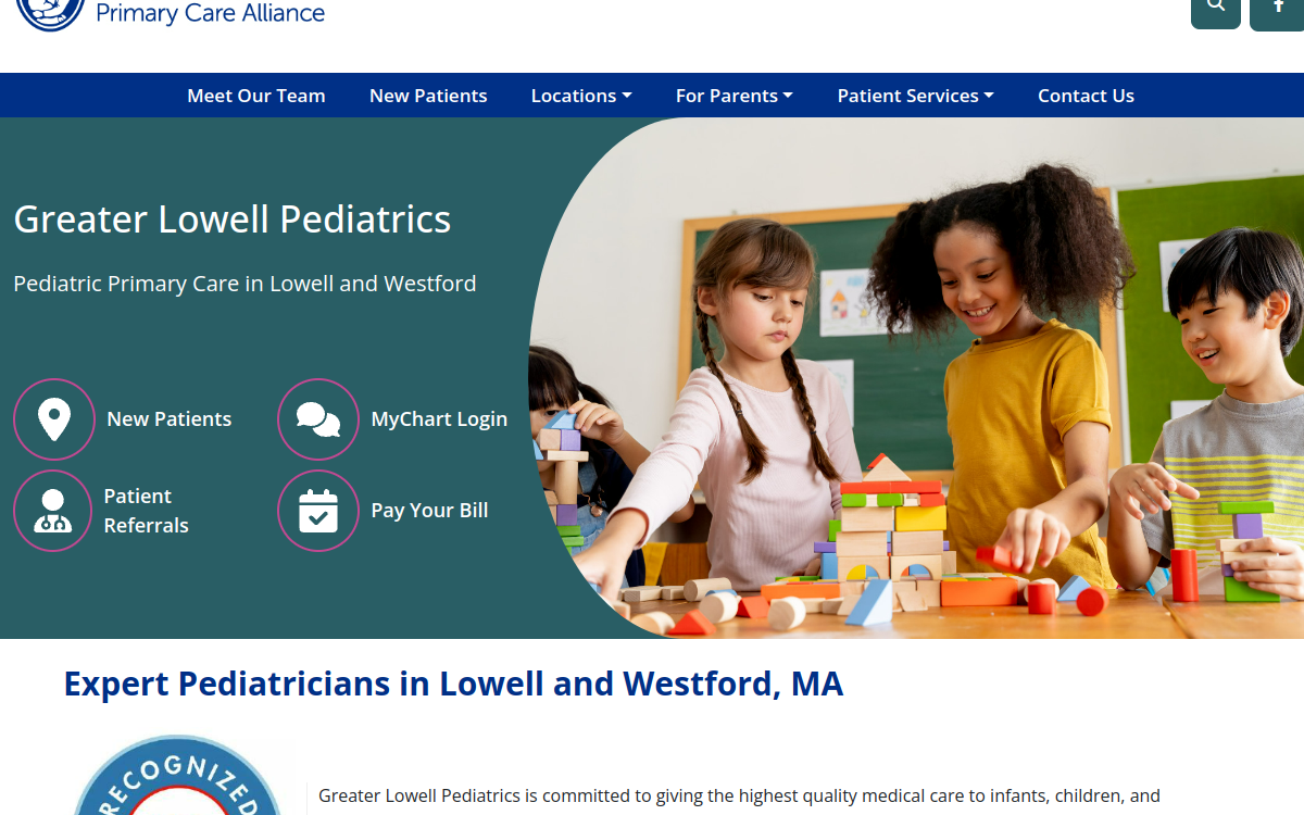 Website homepage of Greater Lowell Pediatrics