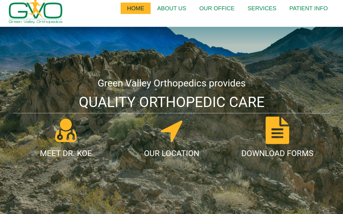 Website homepage of Green Valley Orthopedics