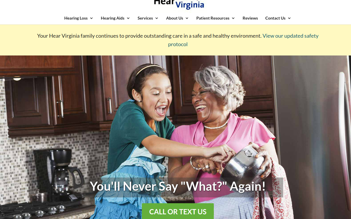 Website homepage of Hearing Healthcare Associates - Hear Virginia