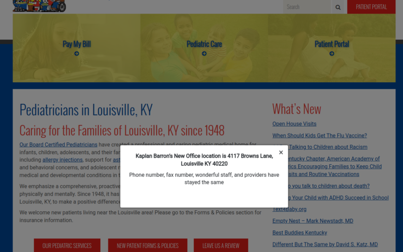 Website homepage of Kaplan Barron Pediatrics, PLLC
