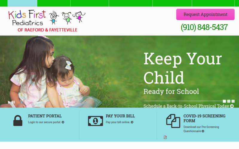 Website homepage of Kids First Pediatrics of Raeford