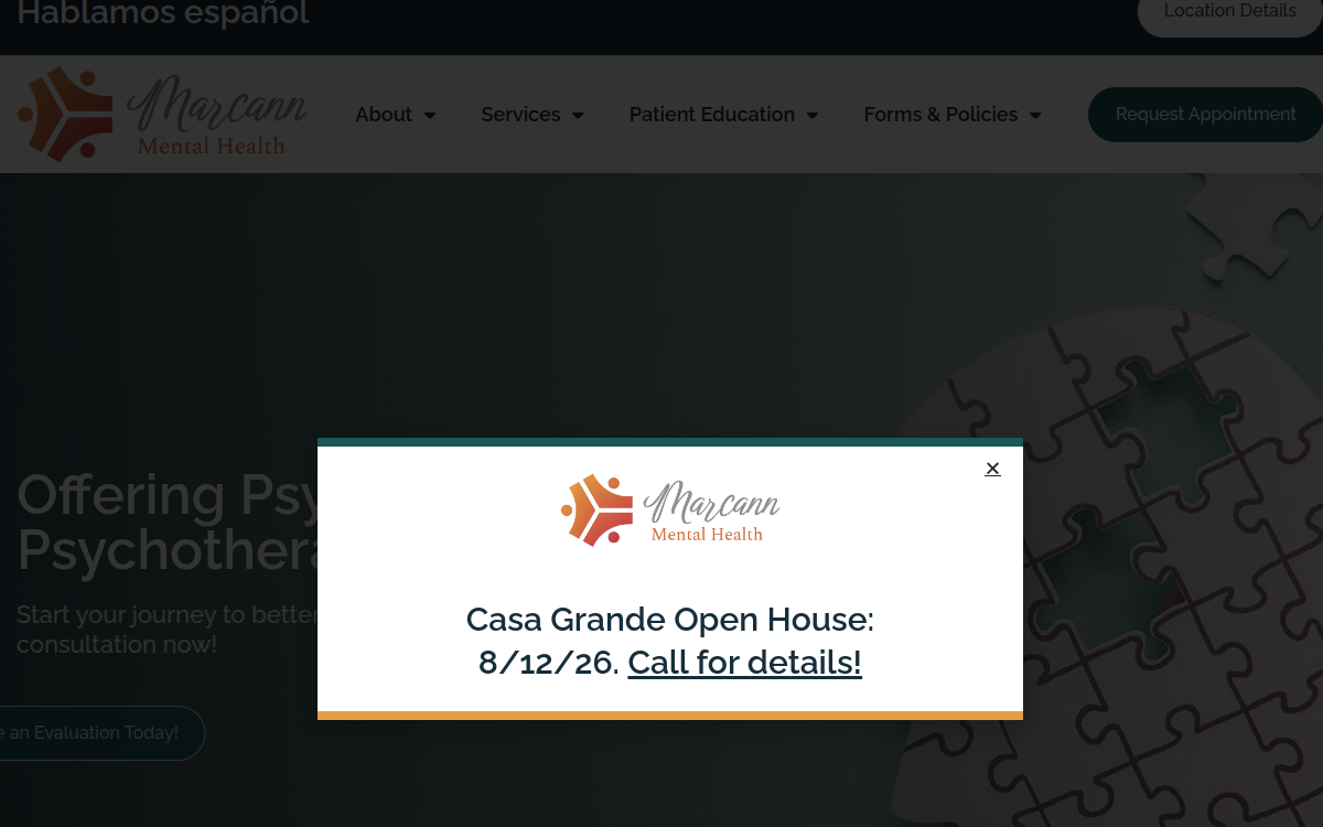 Website homepage of Marcann Mental Health Services