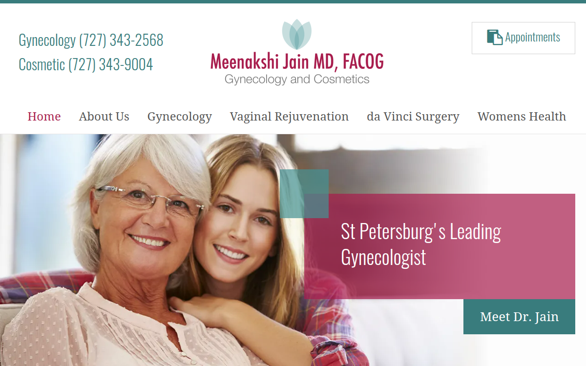 Website homepage of Meenakshi Jain MD, FACOG