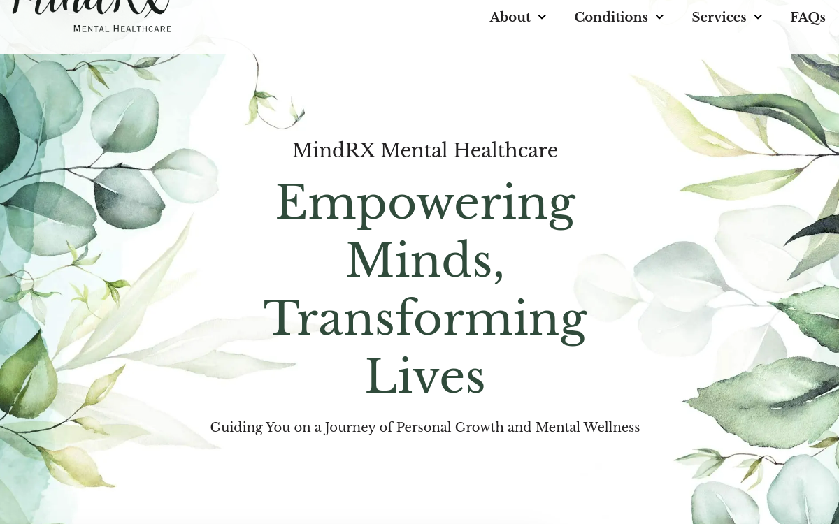 Website homepage of MindRX Mental Healthcare - mindrxmentalhealth.com