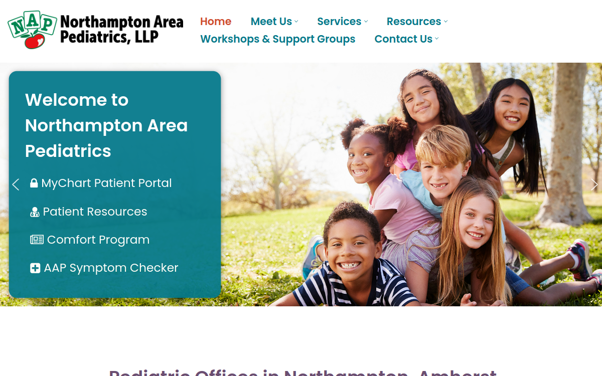 Website homepage of Northampton Area Pediatrics