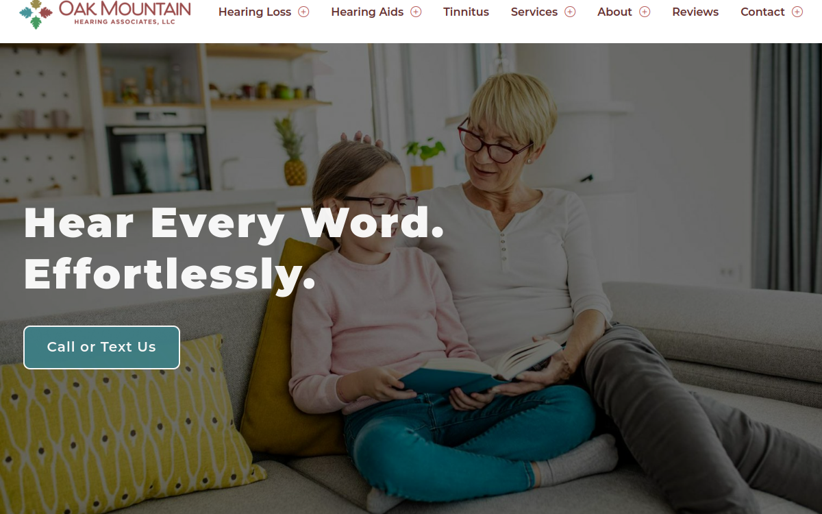 Website homepage of Oak Mountain Hearing Associates