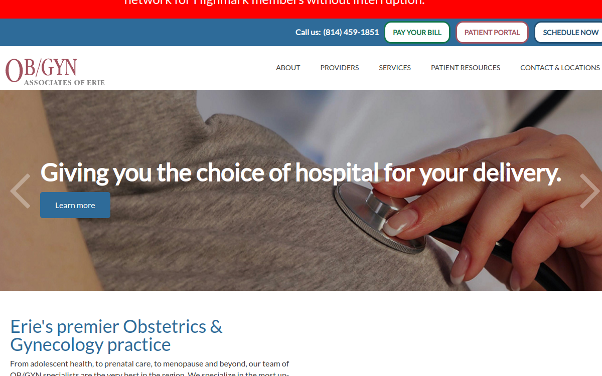 Website homepage of OB/GYN Associates of Erie