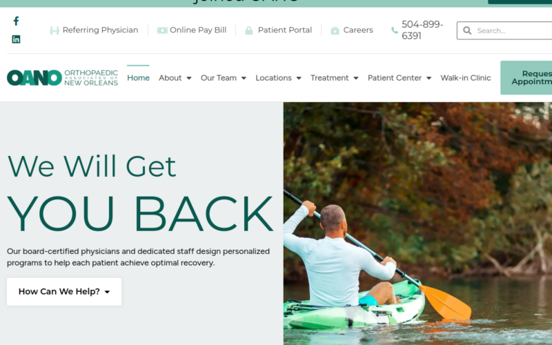 Website homepage of Orthopaedic Associates of New Orleans