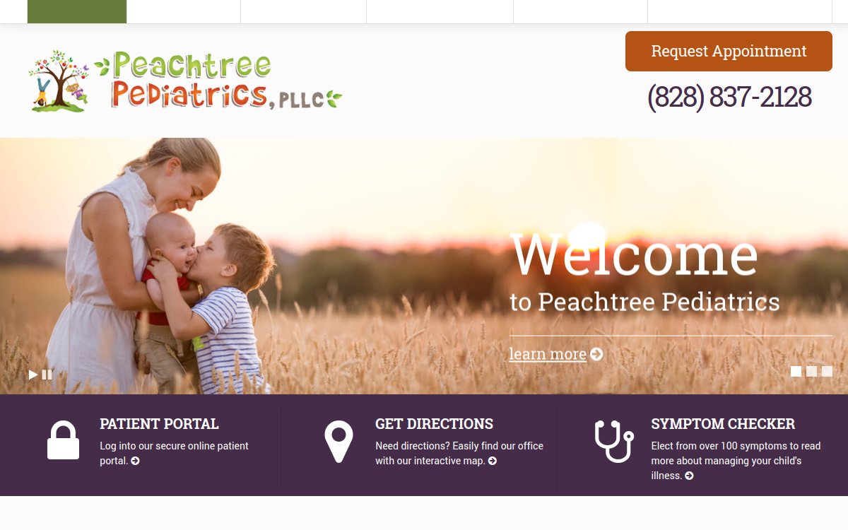 Website homepage of Peachtree Pediatrics, PLLC