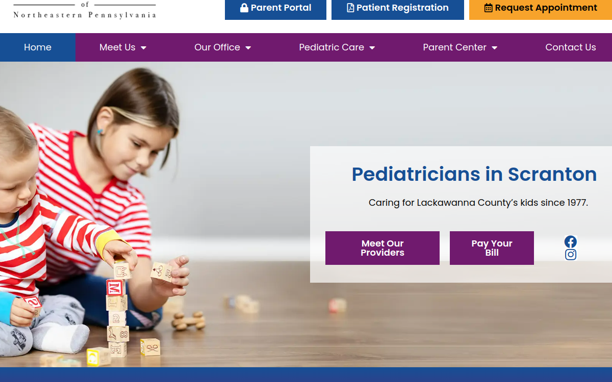 Website homepage of Pediatrics of Northeastern Pennsylvania