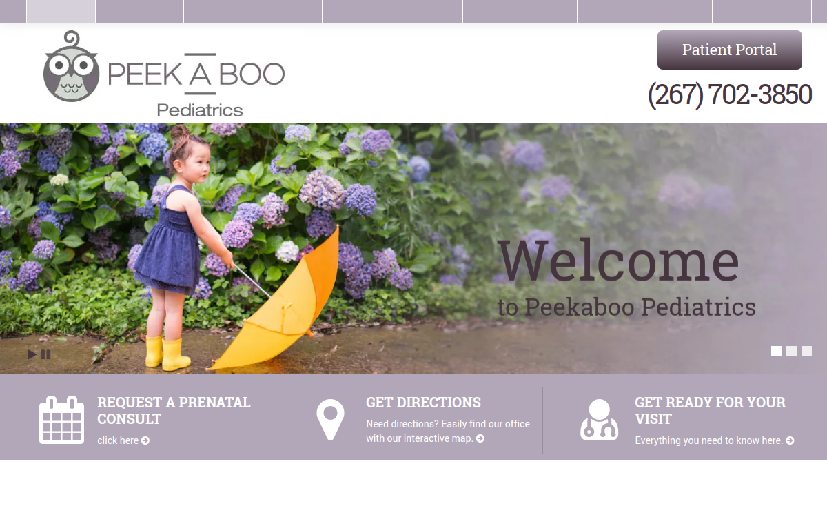 Website homepage of Peekaboo Pediatrics