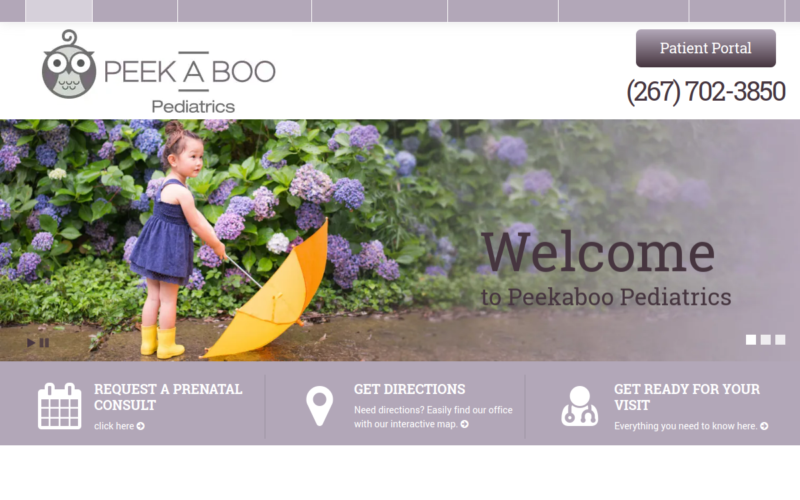 Website homepage of Peekaboo Pediatrics