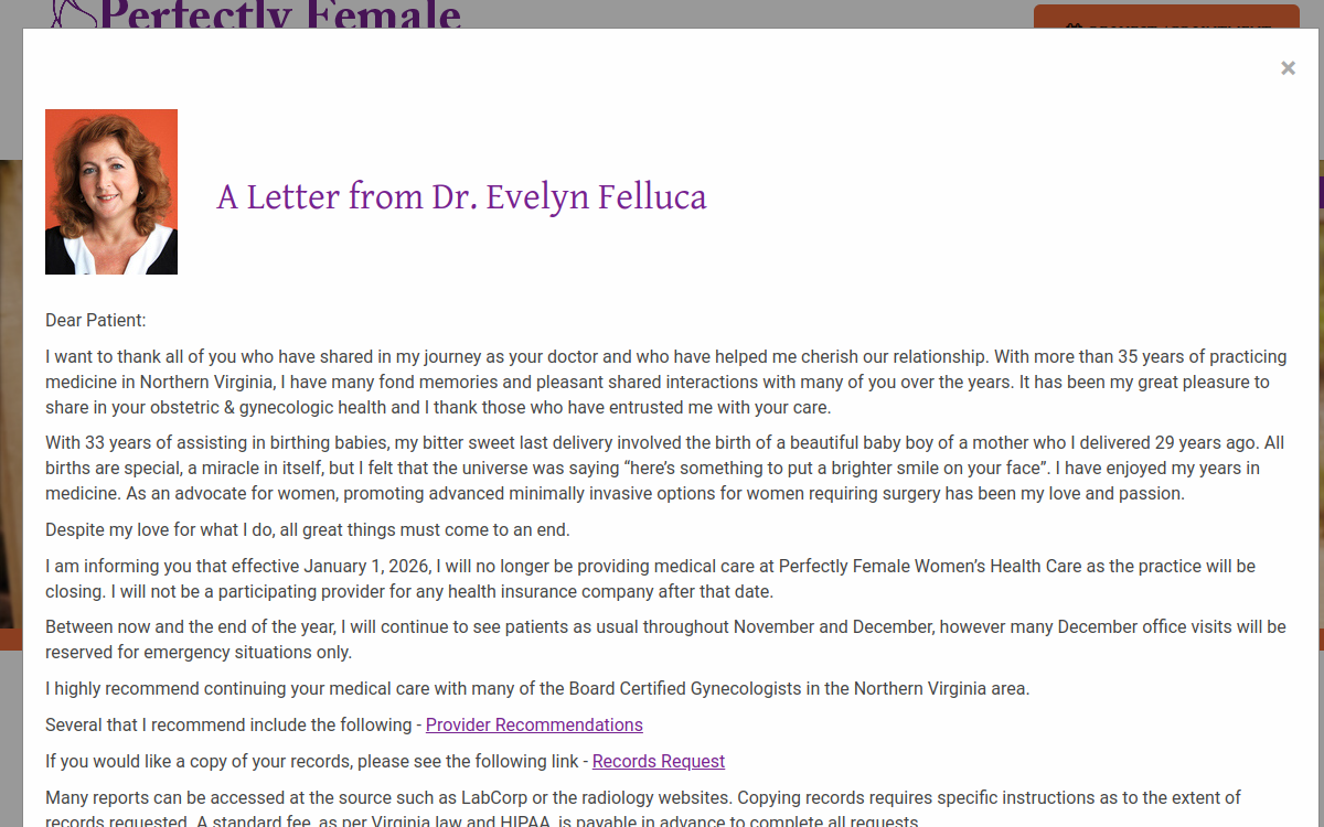 Website homepage of Perfectly Female Women's Health Care, PC