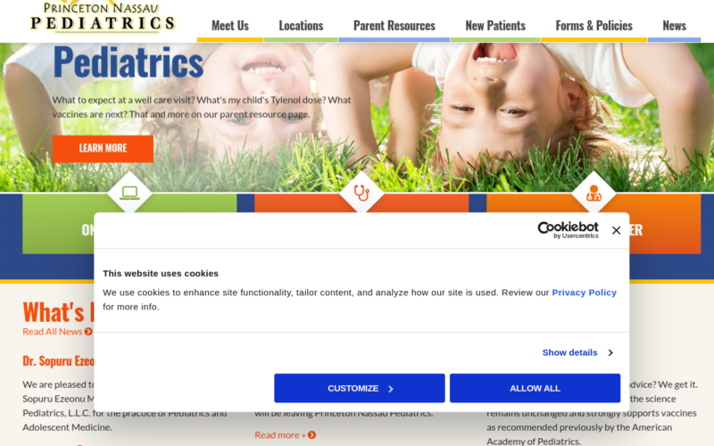 Website homepage of PNP Pediatrics, LLC