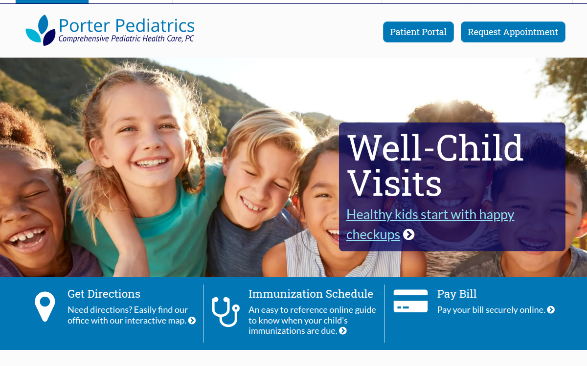 Website homepage of Porter Pediatrics