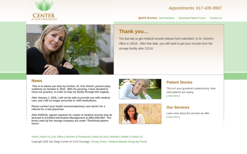 Website homepage of San Diego Center for GYN Oncology