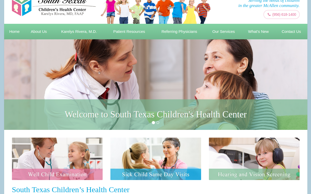Website homepage of South Texas Children's Health Center, PA