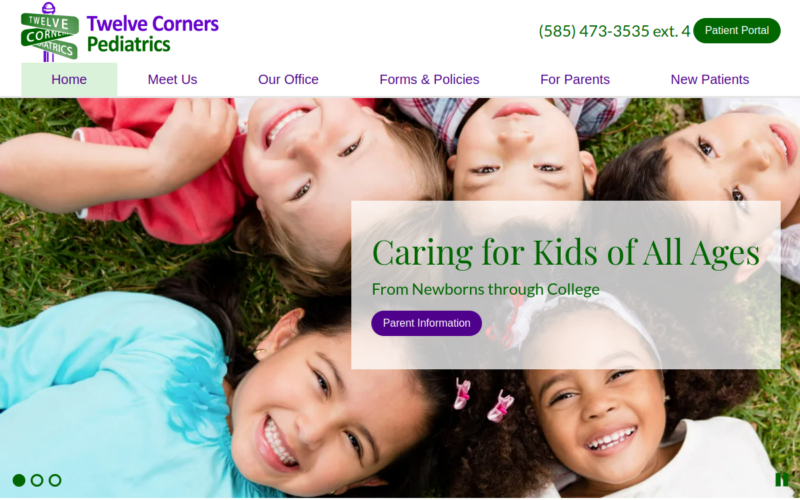 Website homepage of Twelve Corners Pediatrics