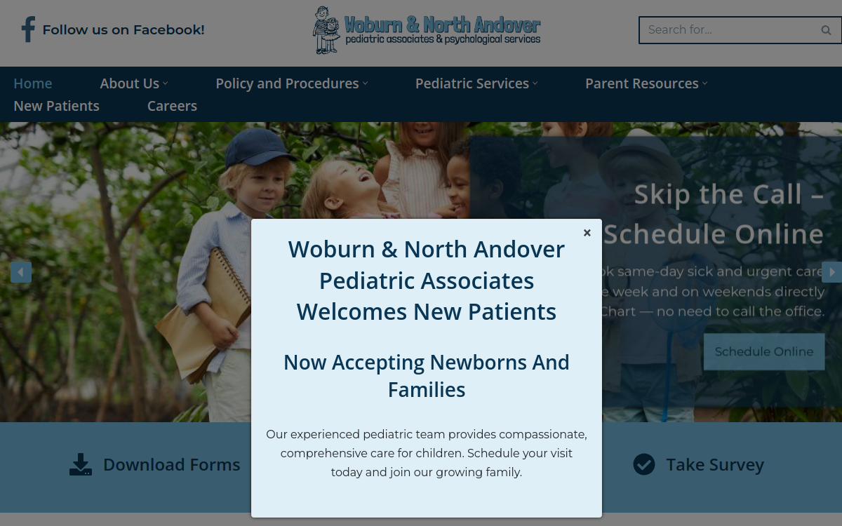 Website homepage of Woburn & North Andover Pediatric Associates
