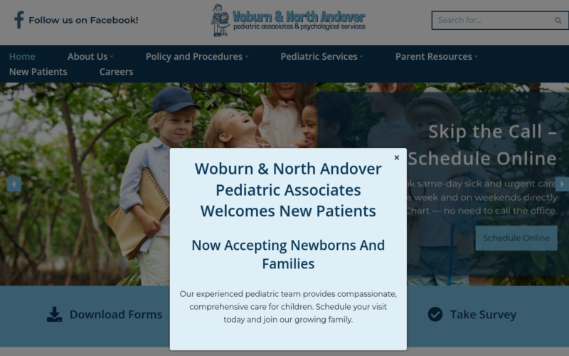 Website homepage of Woburn & North Andover Pediatric Associates
