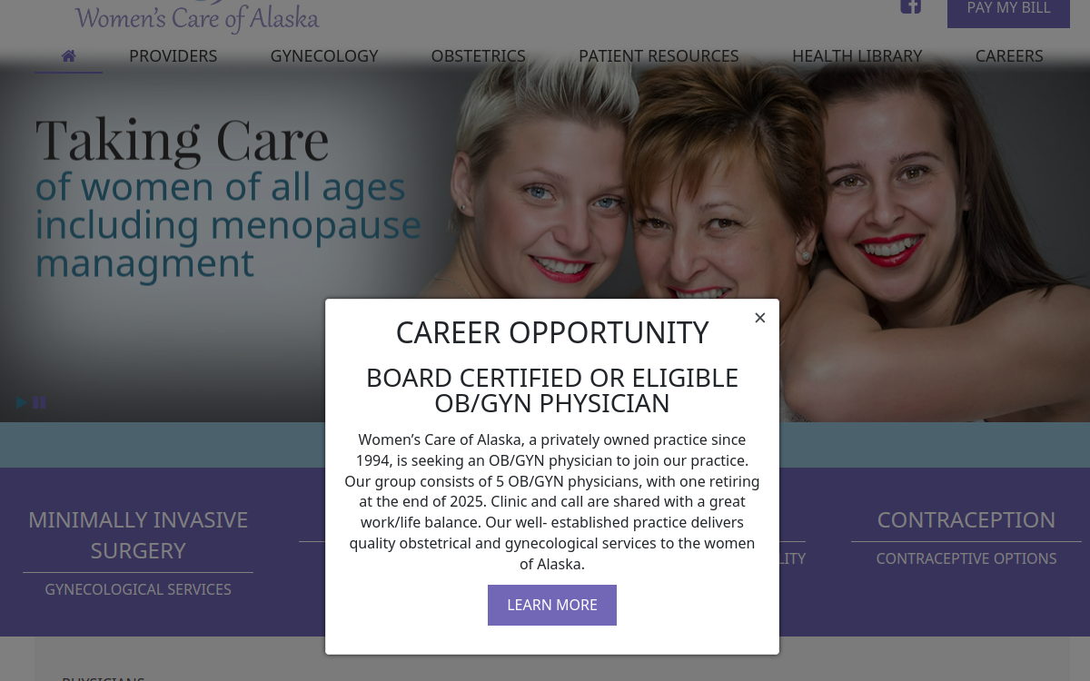 Website homepage of Womens Care of Alaska