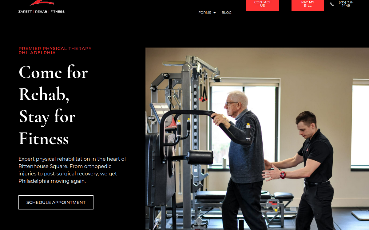 Website homepage of Zarett Rehab and Fitness