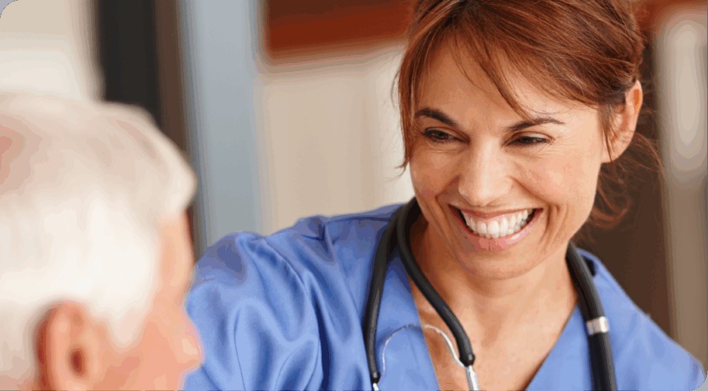 A nurse smiling with an older patient during a consultation, the kind of community care a hospital growth strategy is ultimately about.
