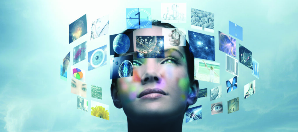 Woman looking at images circling around her head
